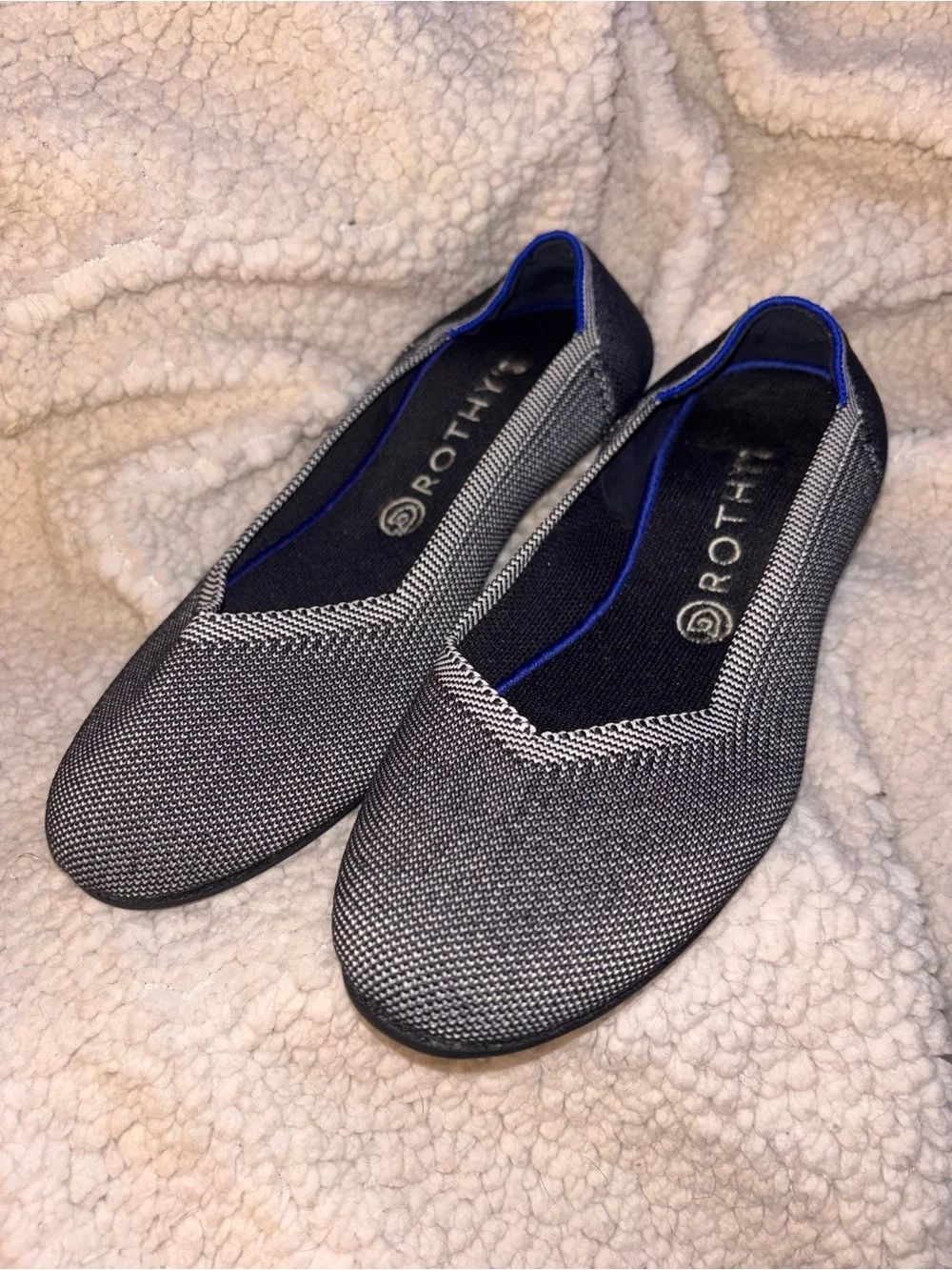 Rothy’s The Flat Gray Black Knit Blue Trim Washable Size 11 US